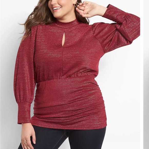Lane Bryant Sweaters - Lane Bryant NWT 3X Burgundy Metallic Shimmer Mock-Neck Keyhole Holiday Sweater